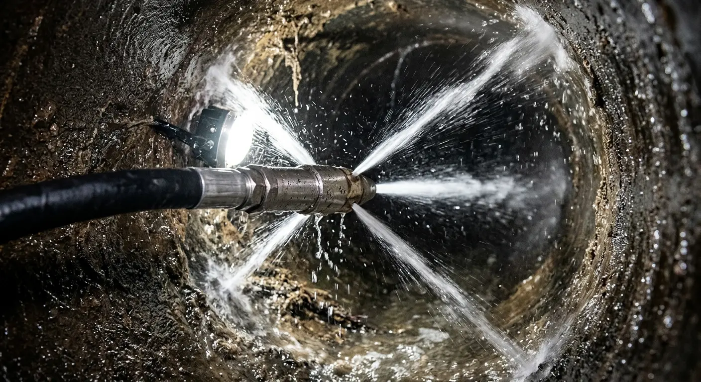 High-pressure hydro jetting nozzle cleaning sewer pipe for Emergency Drain Service in Antwerp