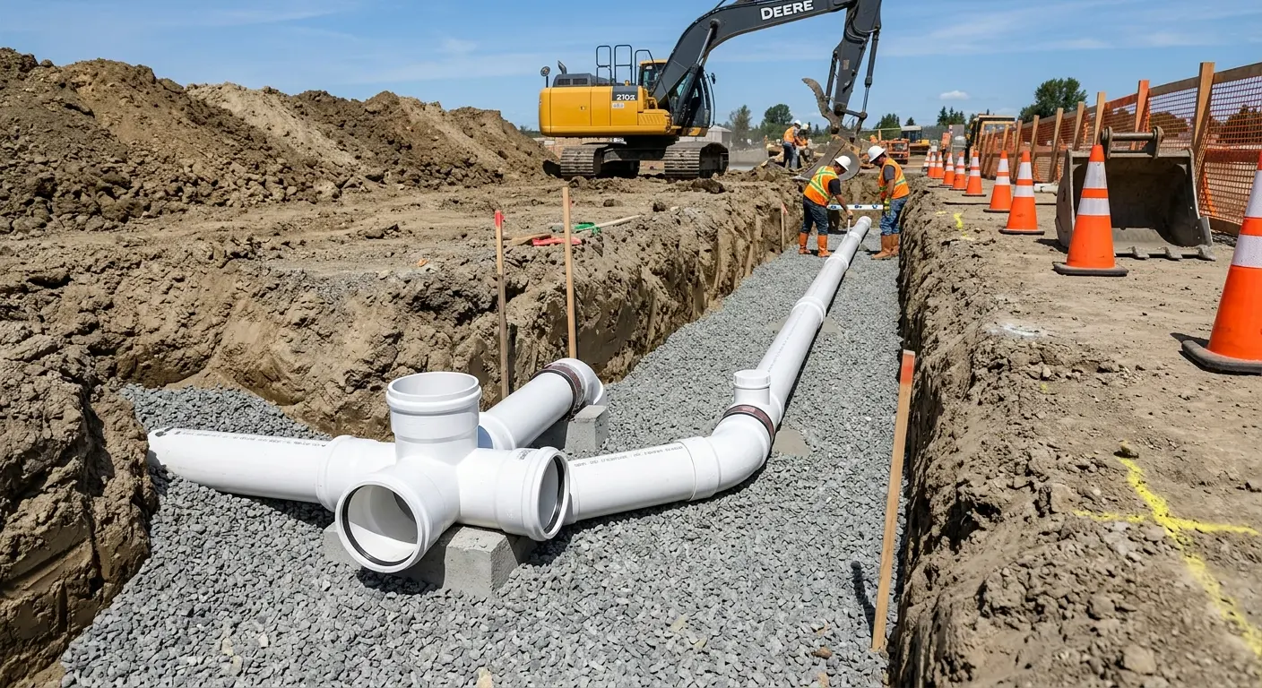 New PVC sewer pipe installation in open trench for Commercial Drain Cleaning in Antwerp