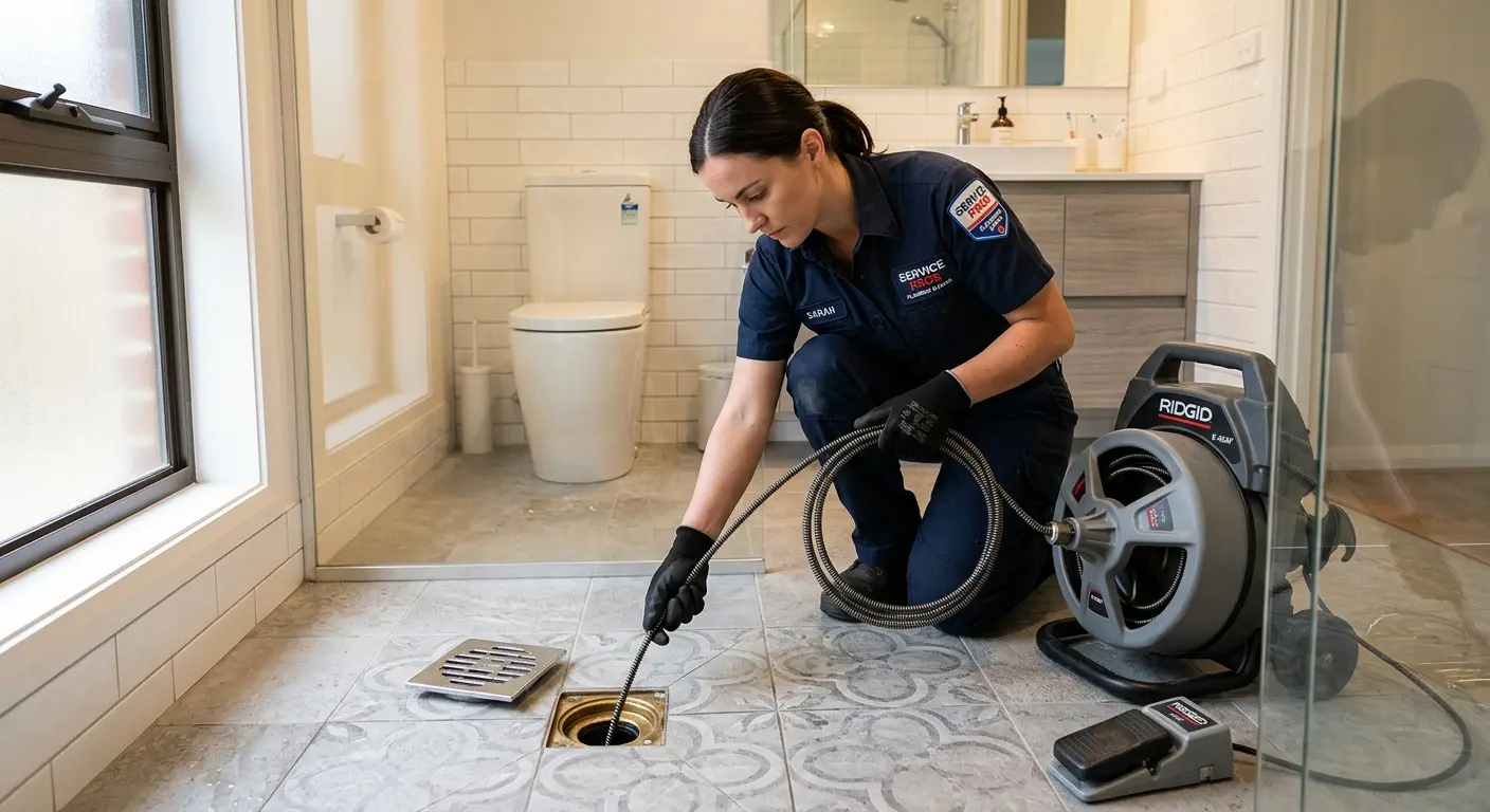 Technician clearing a bathroom floor drain for Drain Cleaning in Antwerp